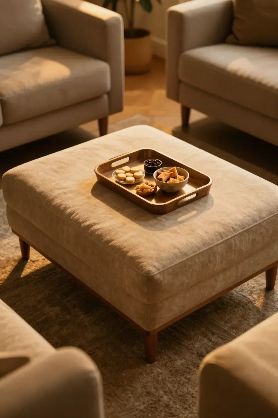 A mid-century style ottoman coffee table with a chic tray on top.