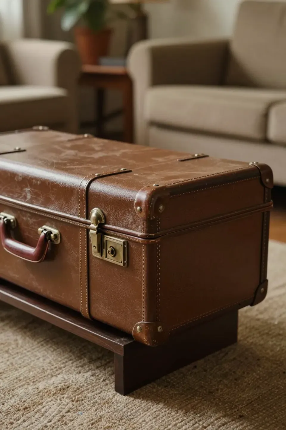 A vintage suitcase used as a unique coffee table in a rustic setting.