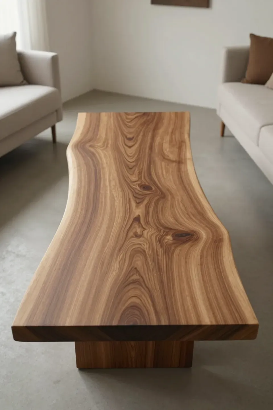A live edge wood coffee table showcasing its natural beauty.