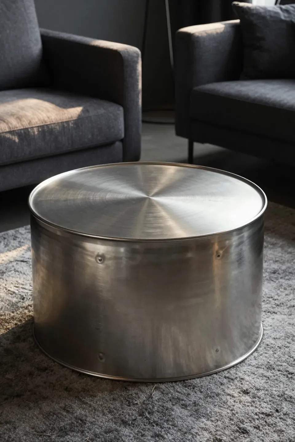 A contemporary metal drum coffee table in a stylish living room.