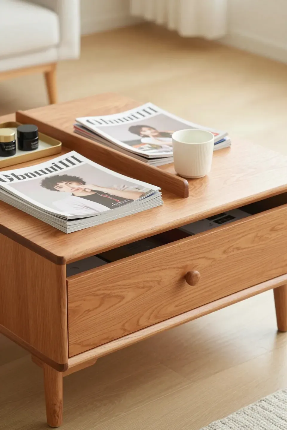 A coffee table with built-in storage for magazines and essentials.