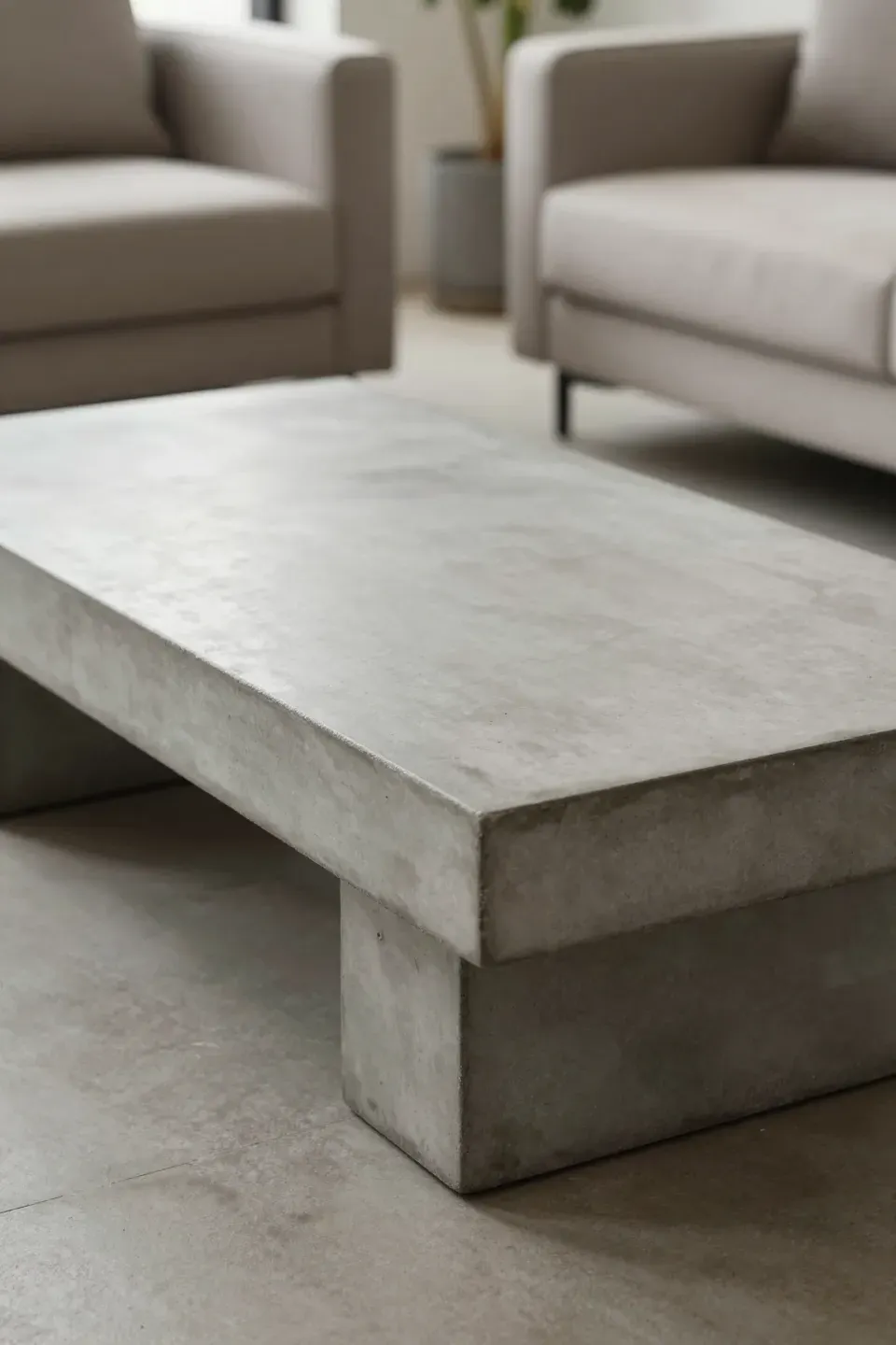 A homemade concrete coffee table with a sleek industrial look.