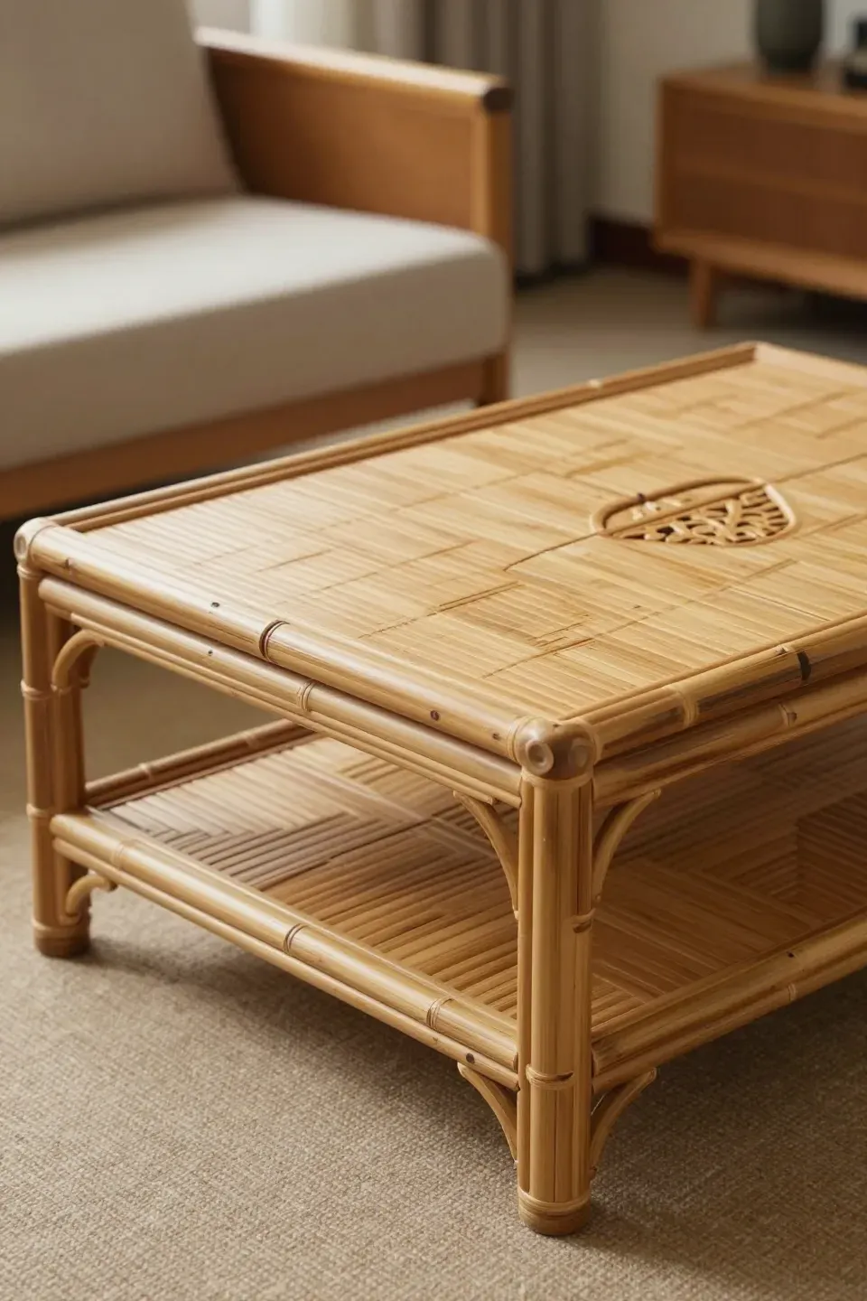 An artisan crafted bamboo coffee table in a cozy living room.