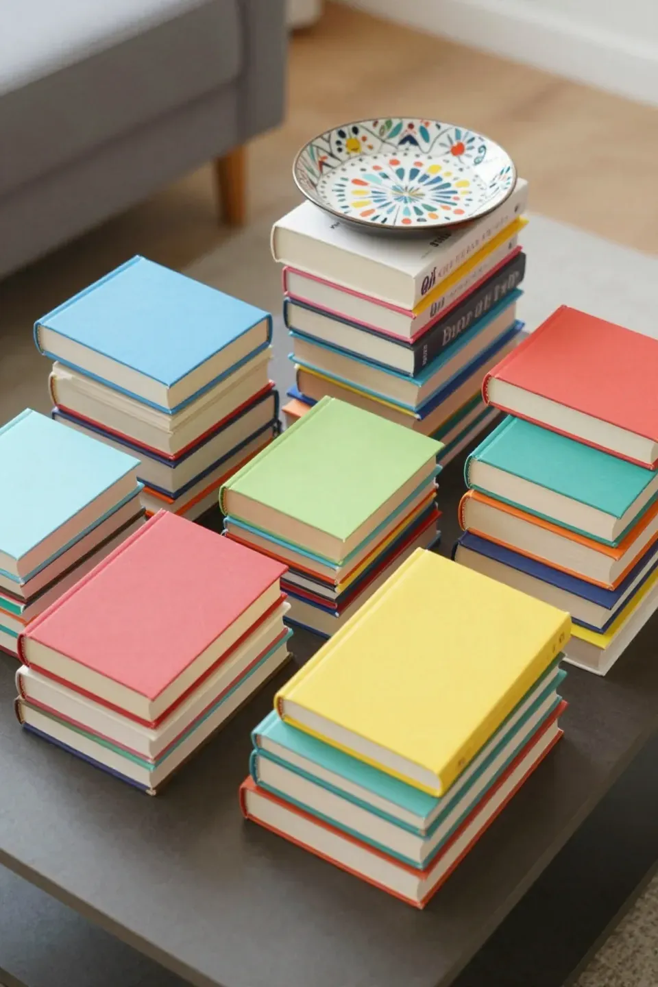 Colorful stacked books arranged on a coffee table with a decorative tray.