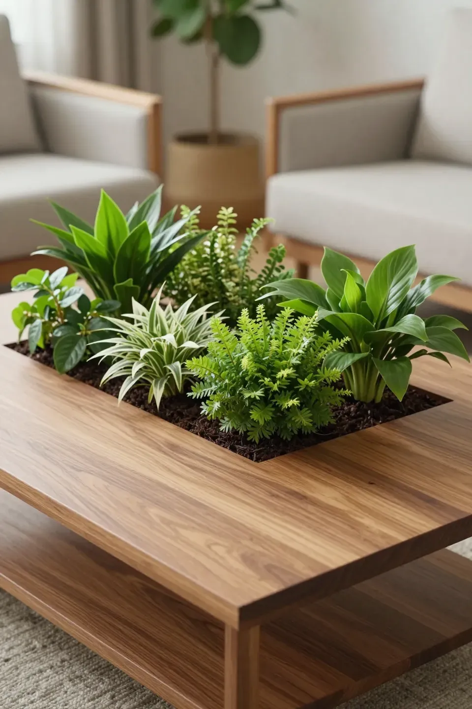 A coffee table featuring integrated planters with low-maintenance plants.