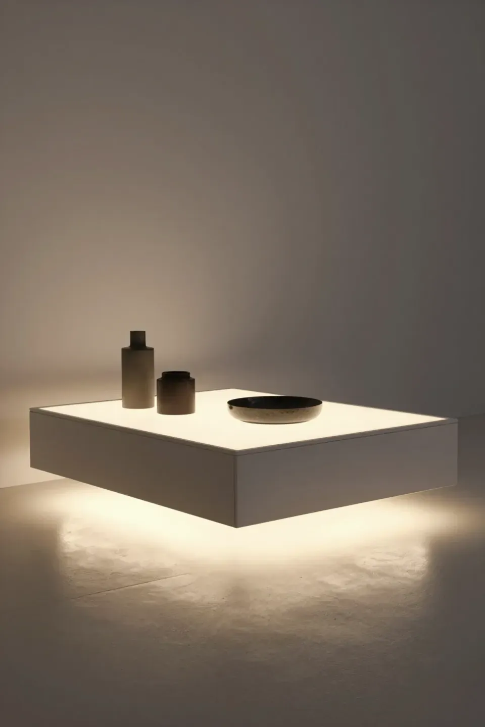 A floating coffee table with built-in illumination in a modern setting.