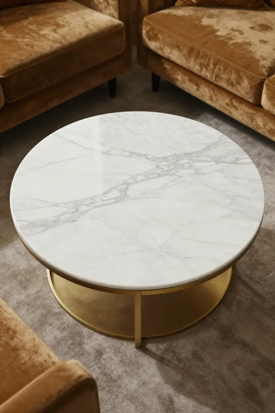 A round marble coffee table with gold accents in a stylish living room.