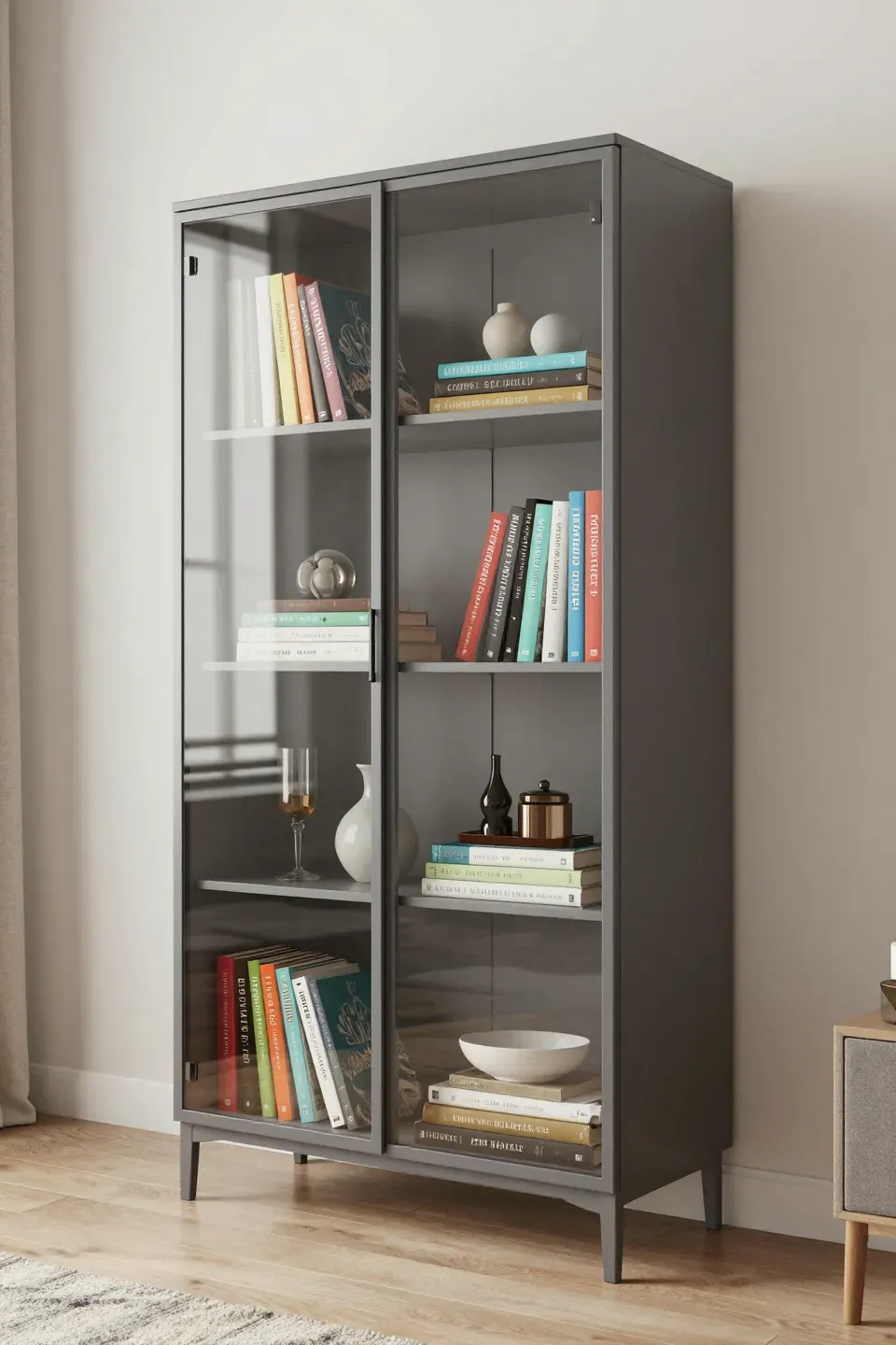 A modern glass door cabinet bookshelf displaying books and decor in a minimalist living room.