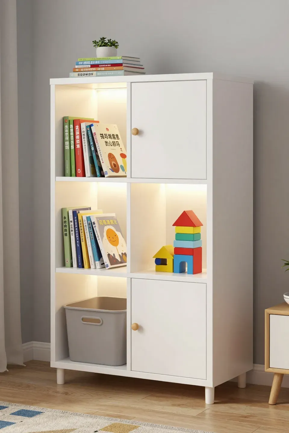 A short bookcase with doors and bins storing books and toys in a playroom.