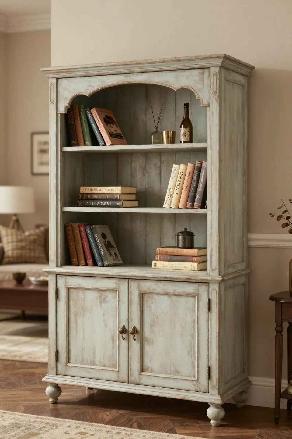 A vintage cabinet bookshelf filled with classic books in a cozy living room.