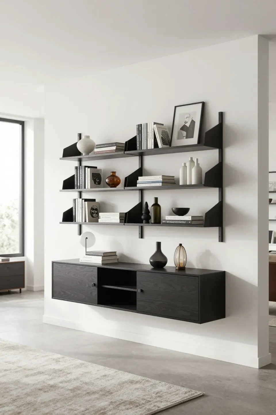 A floating door bookshelf showcasing books in a spacious open-concept room.