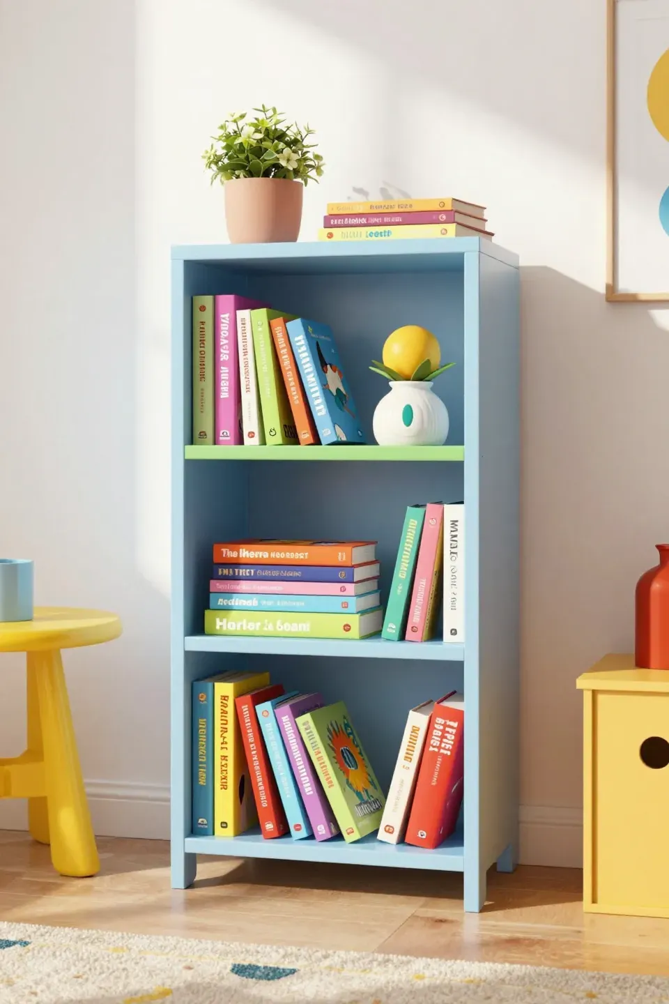 A colorful little bookshelf filled with books in a bright and lively room.