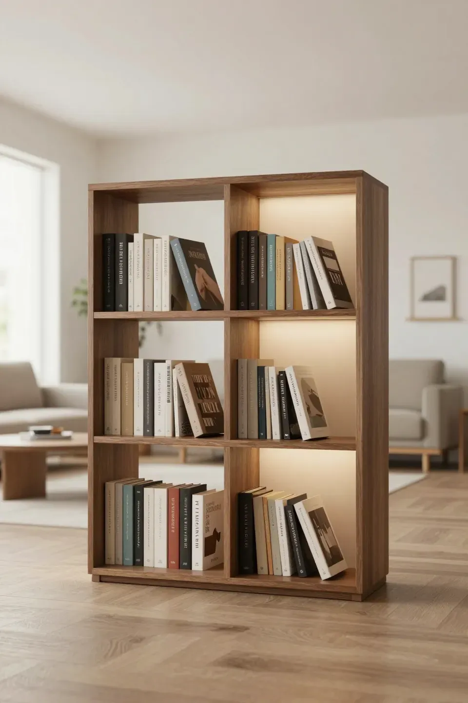 A stacked short bookcase acting as a room divider in an open living space.