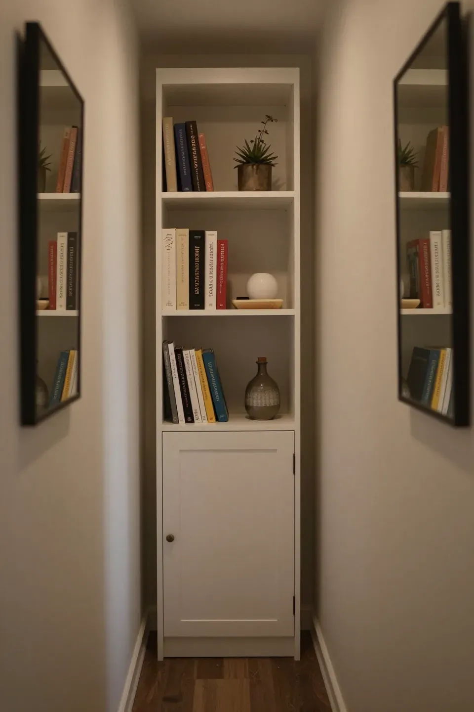 A narrow cabinet bookshelf in a cozy hallway filled with books and decor.