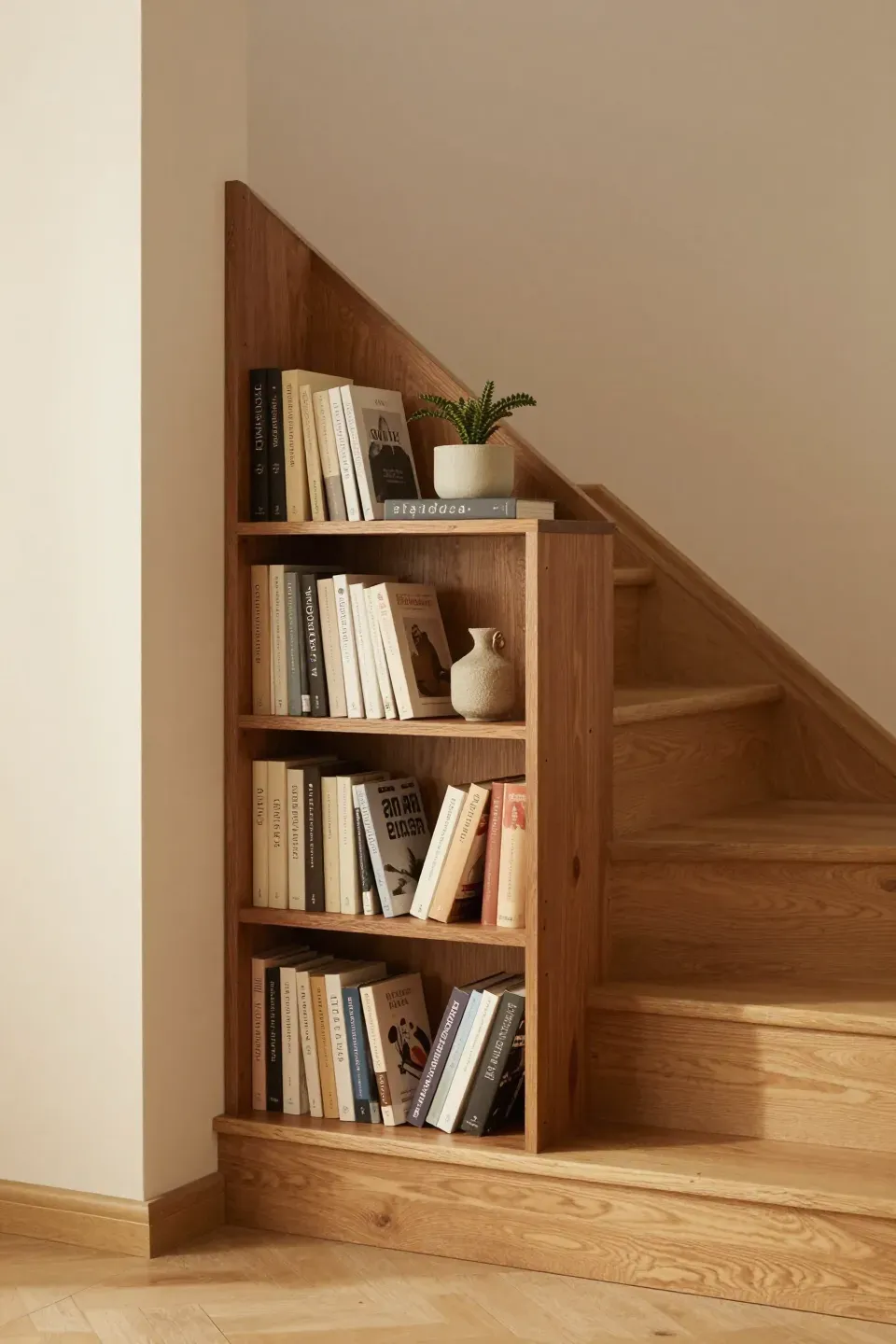A small bookcase under stairs filled with books and decor in a cozy home.