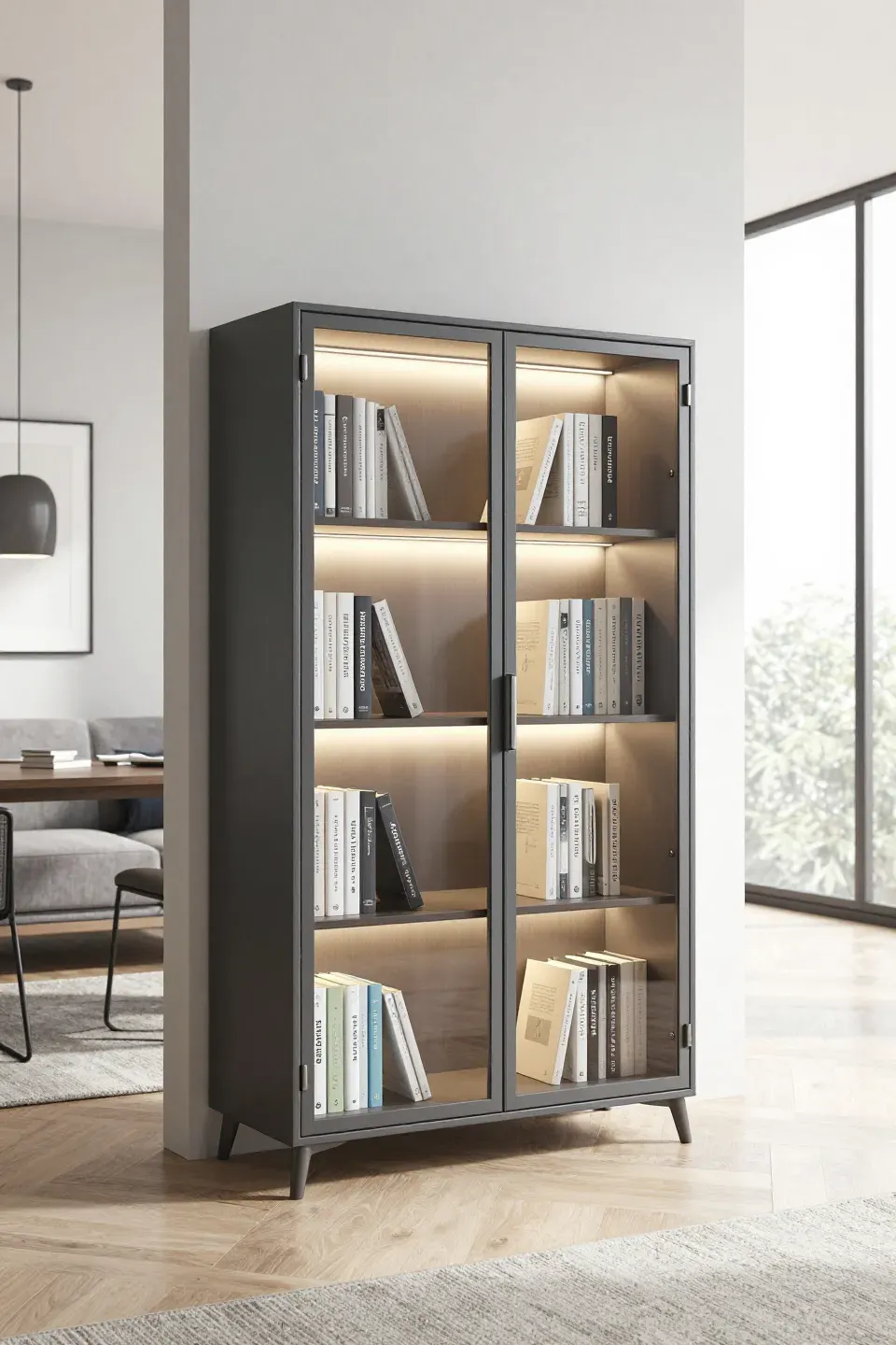 A modern short bookcase with transparent doors displaying books in a stylish room.