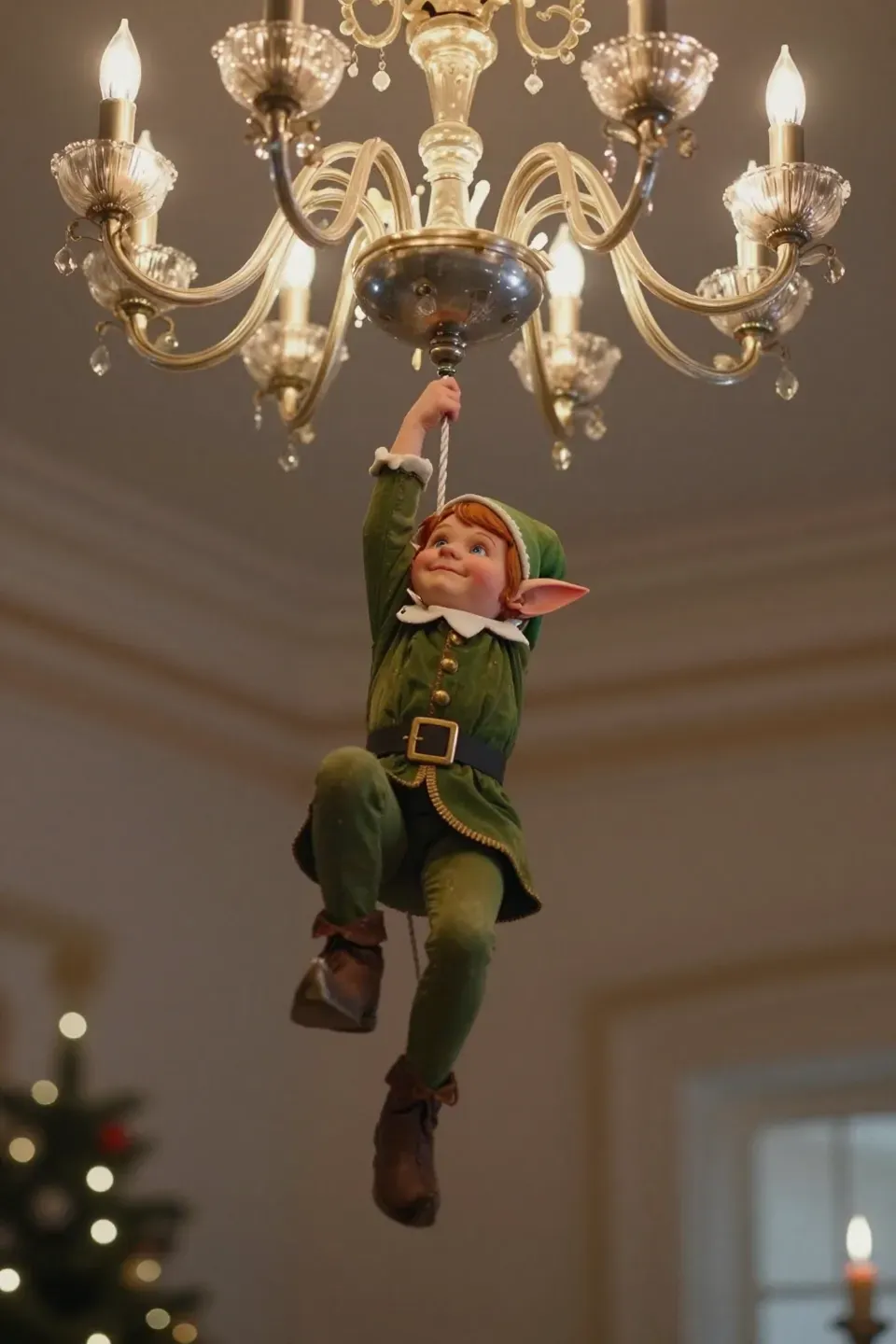 An elf hanging from a chandelier with string.