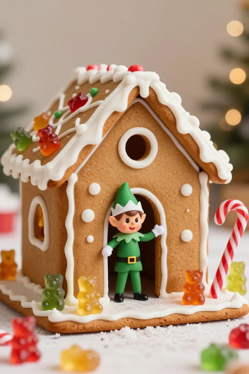 An elf inside a gingerbread house surrounded by candy.