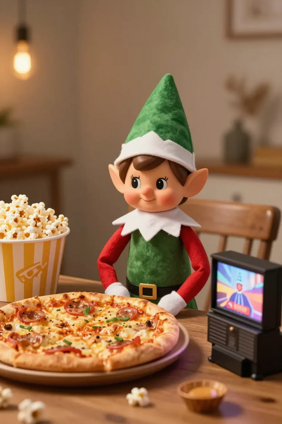 An elf set up for a date night with mini pizza and popcorn.