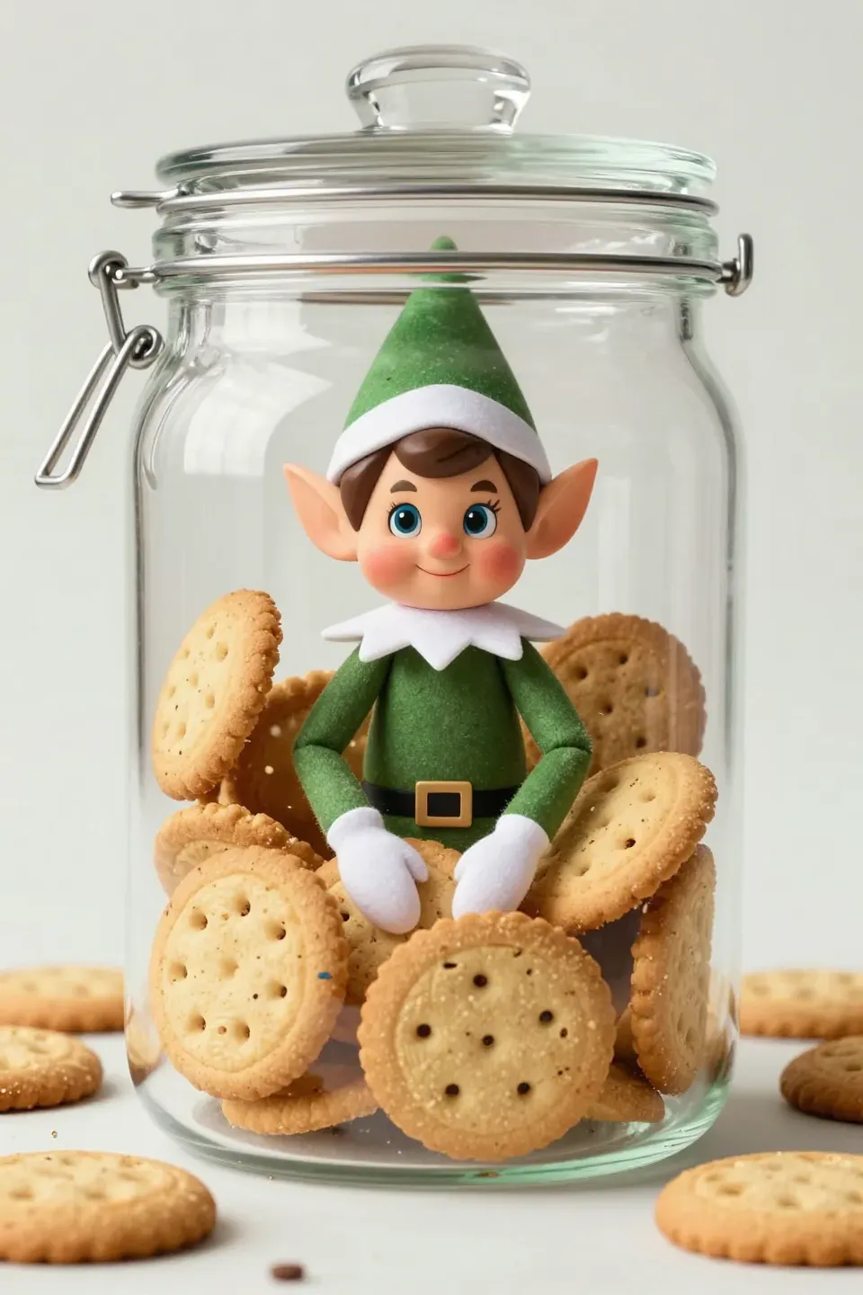 An elf stuck in a cookie jar with cookies around.