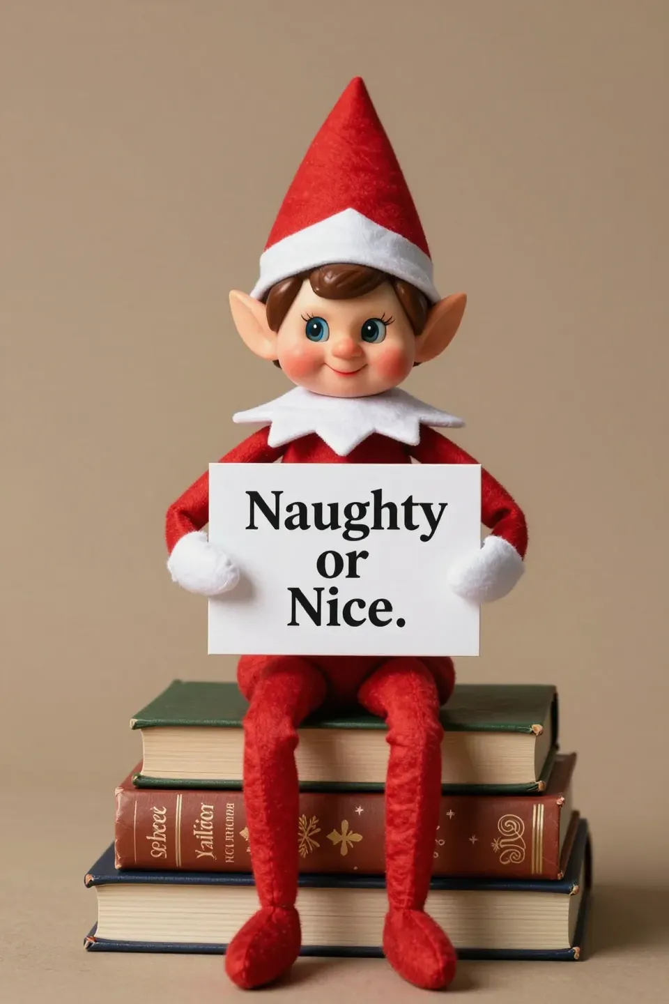 An elf holding a 'Naughty or Nice' sign on holiday books.