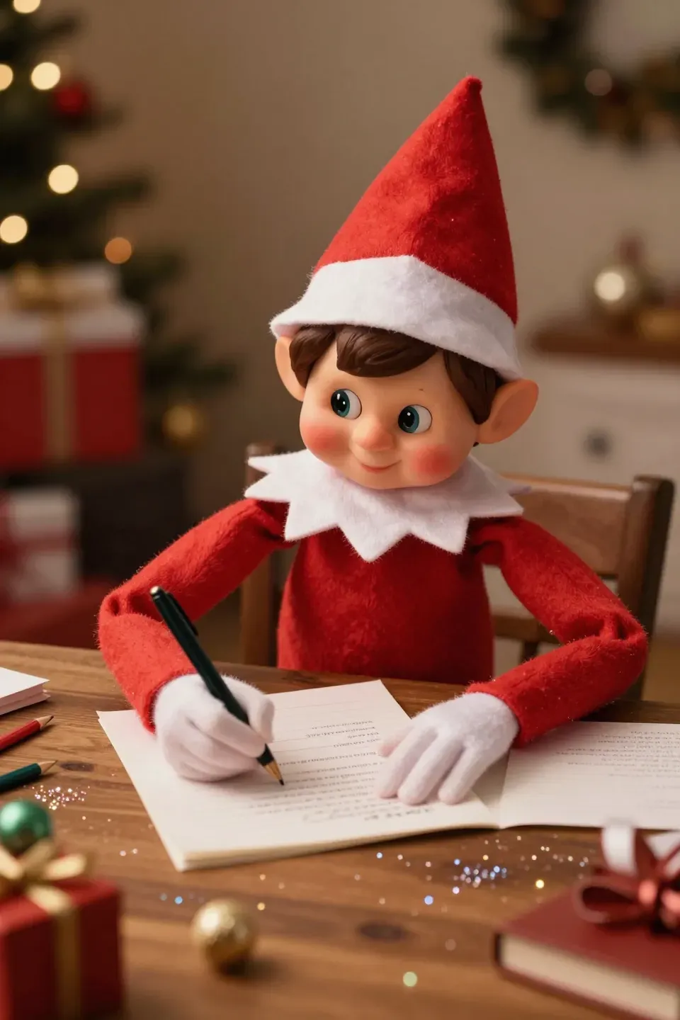 An elf writing letters to Santa with tiny stationery.
