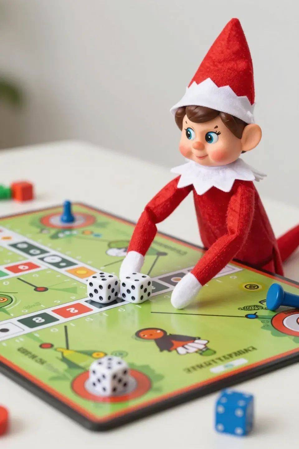 An elf playing board games with toys in a fun setup.