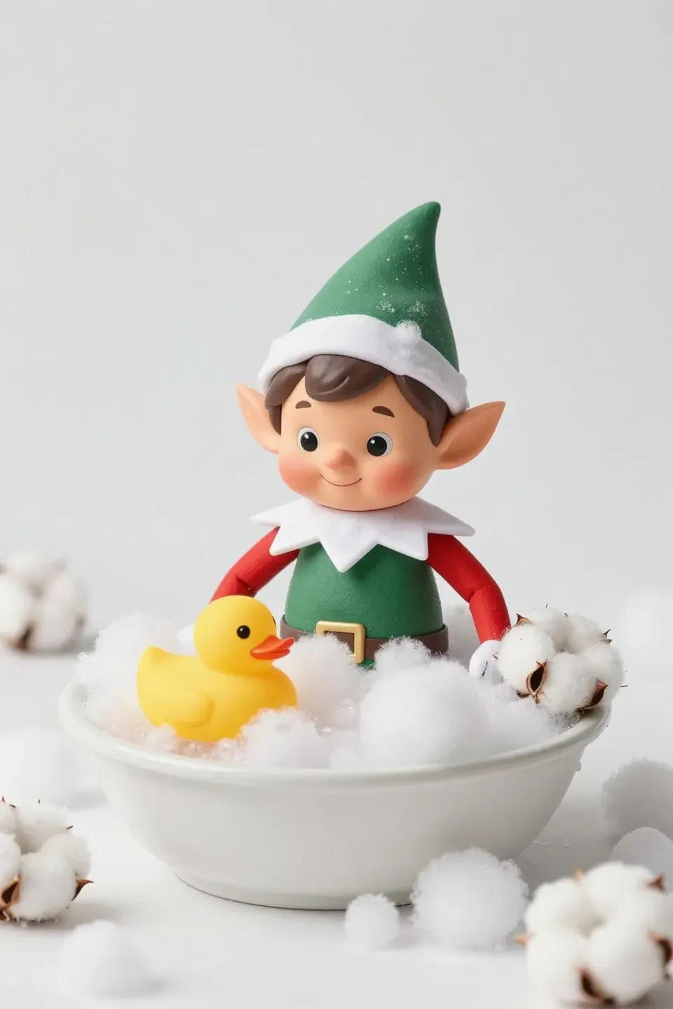 An elf taking a bubble bath with cotton balls and a rubber duck.