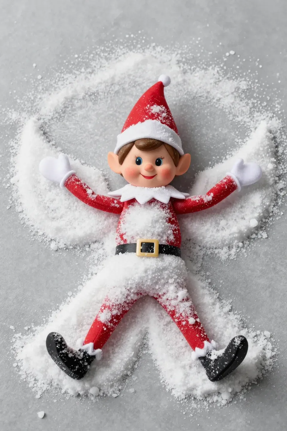 An elf making snow angels in granulated sugar.