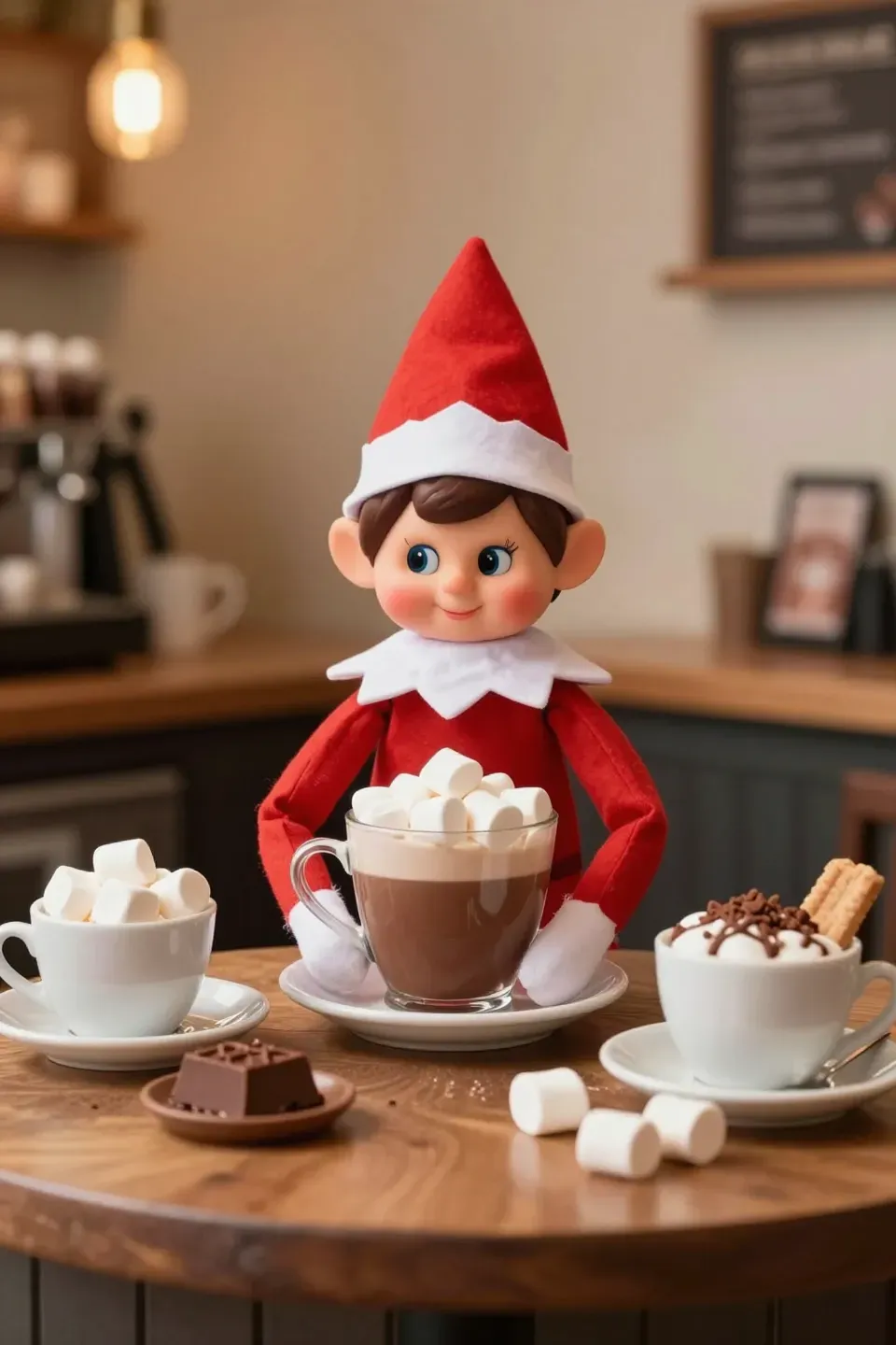 An elf at a mini hot cocoa bar with cups and marshmallows.