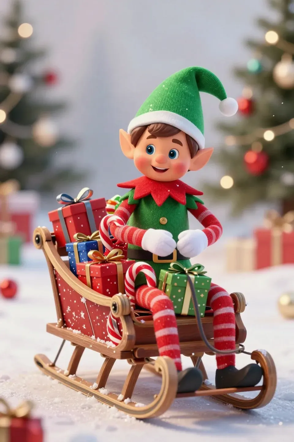 An elf in a sled full of toys and candy.