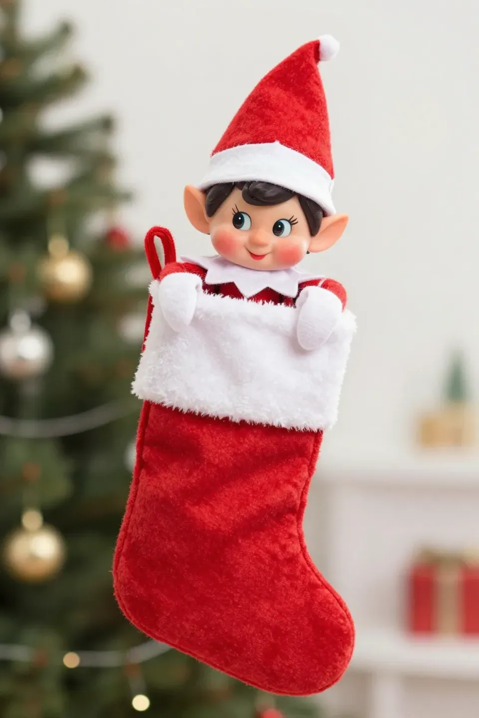 An elf stuck halfway inside a Christmas stocking.