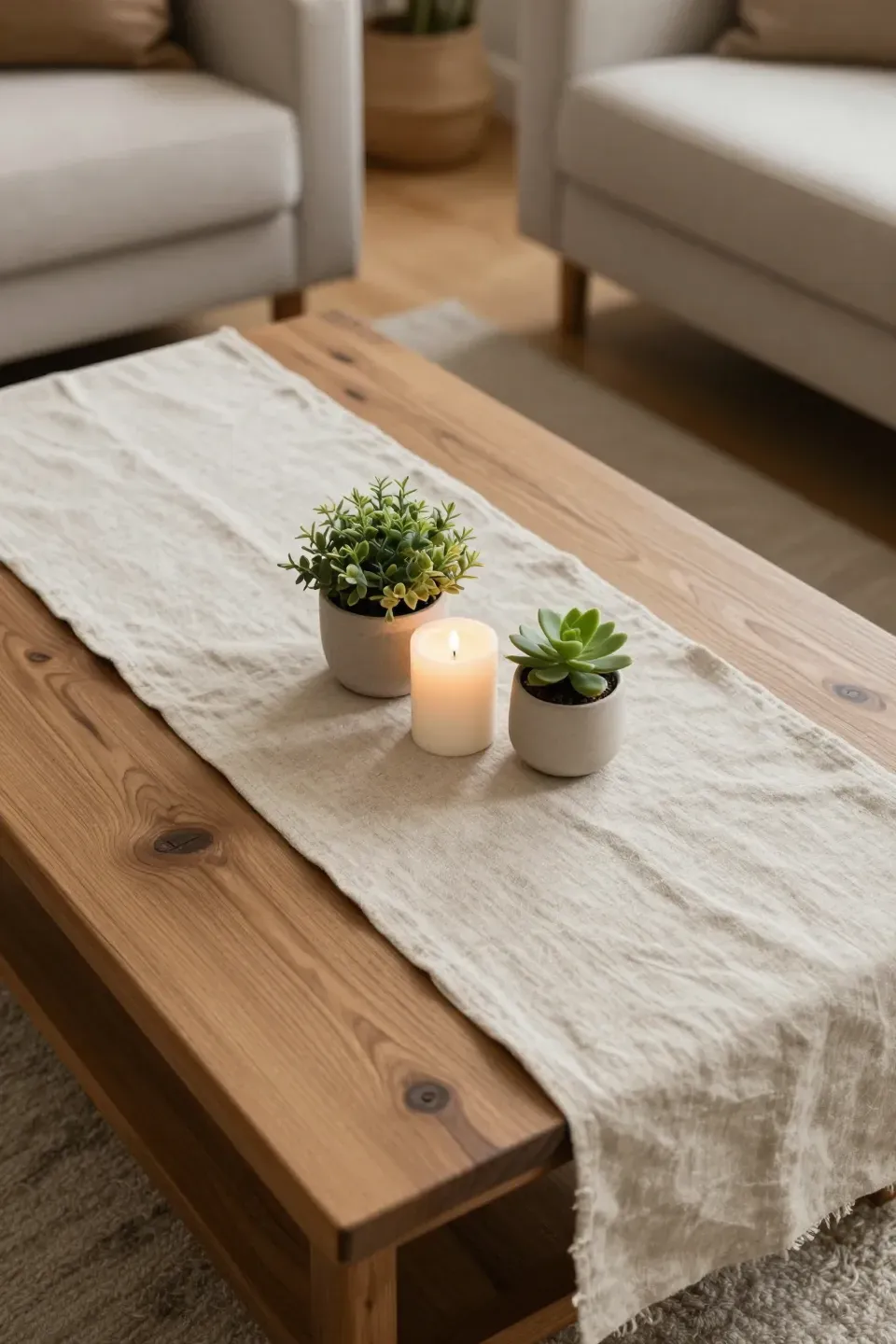 A coffee table with a linen runner, candles, and plants in a cozy living room.