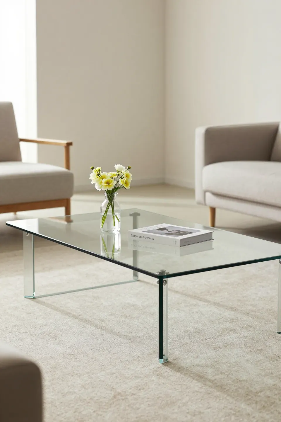 A minimalist glass coffee table with flowers and a book in a modern living room.