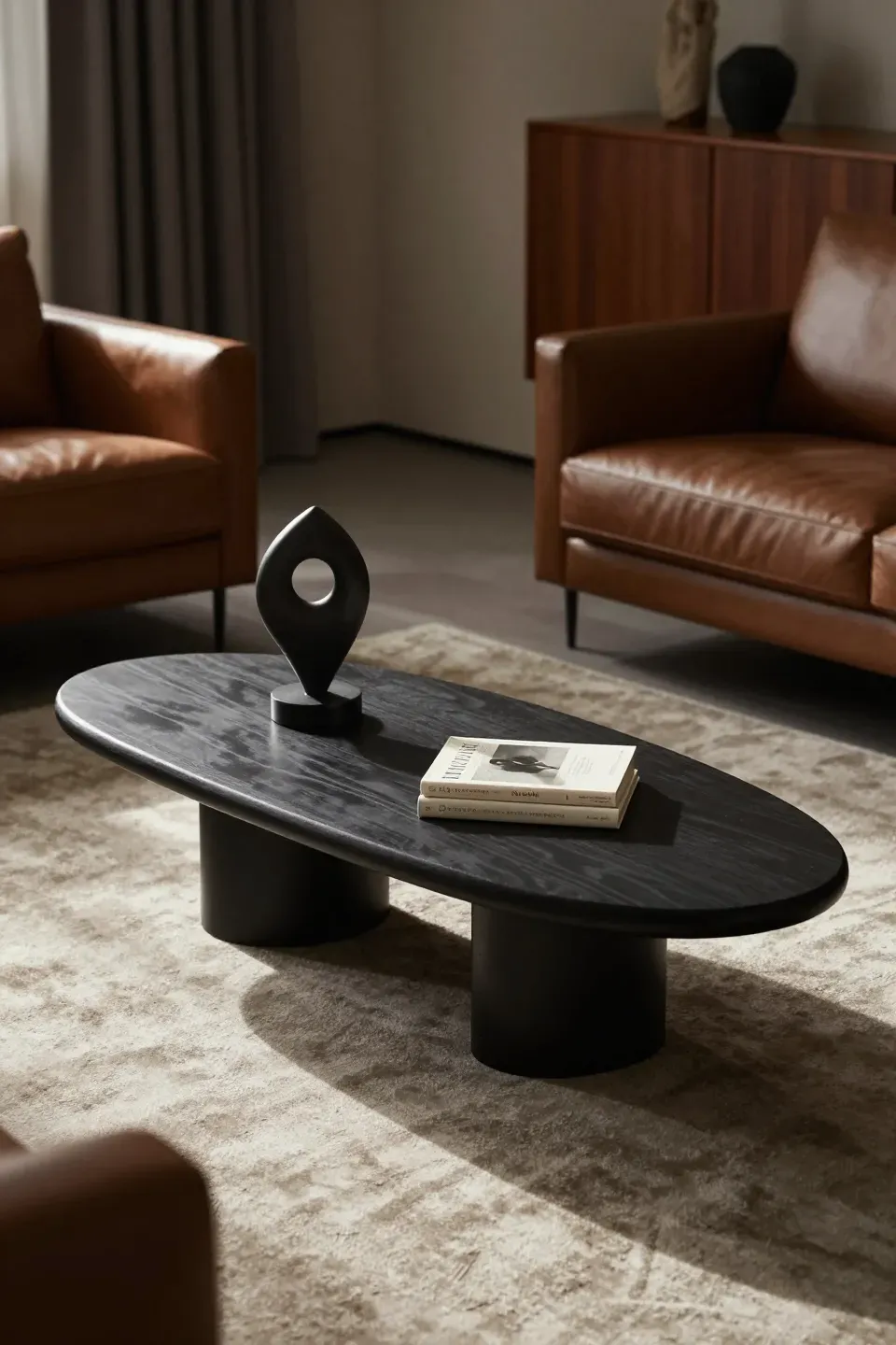 A uniquely shaped coffee table with a sculpture and book in a stylish living room.