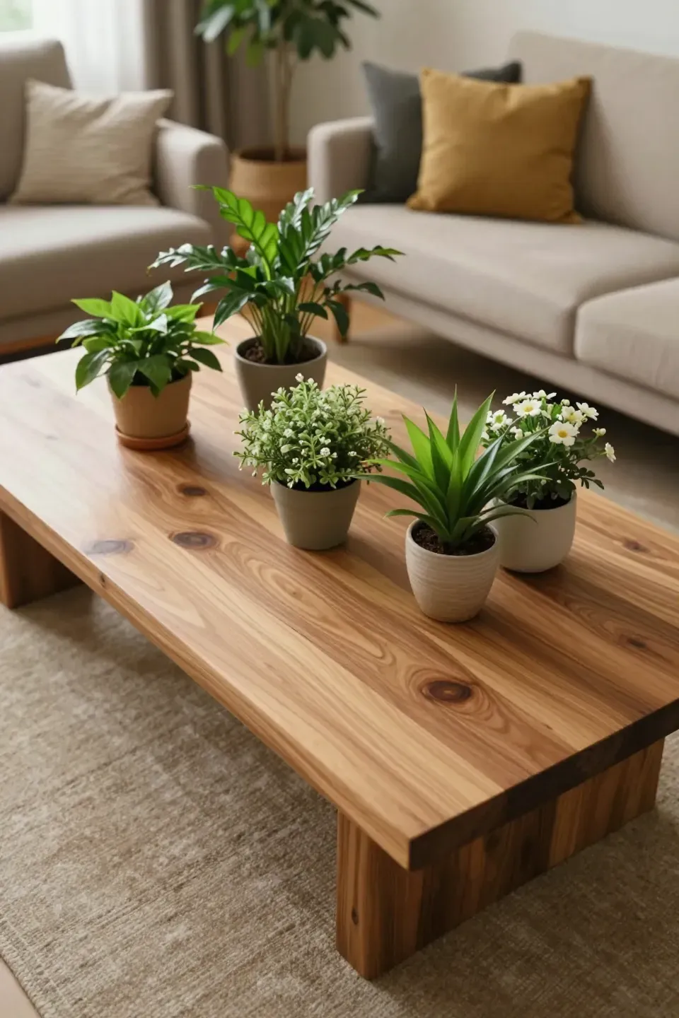 A natural wood coffee table with plants and flowers in a vibrant living room.