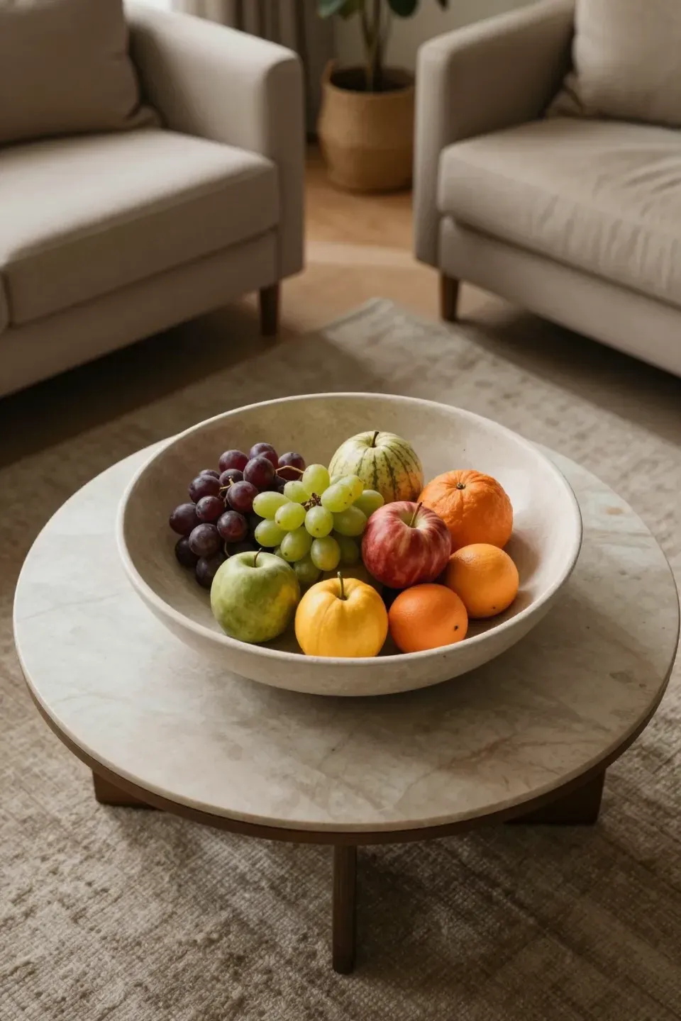 A round coffee table with a colorful bowl of fruit in a cozy living room.
