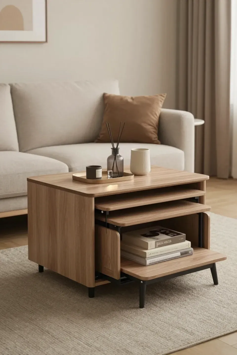 A nested storage coffee table styled decoratively in a modern living room.