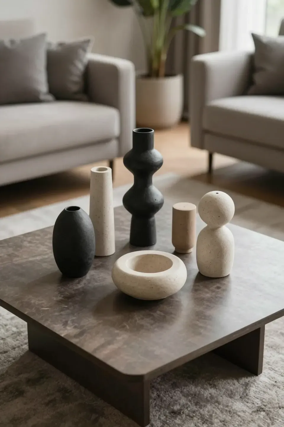 A coffee table with sculptural objects arranged artistically in a stylish living room.