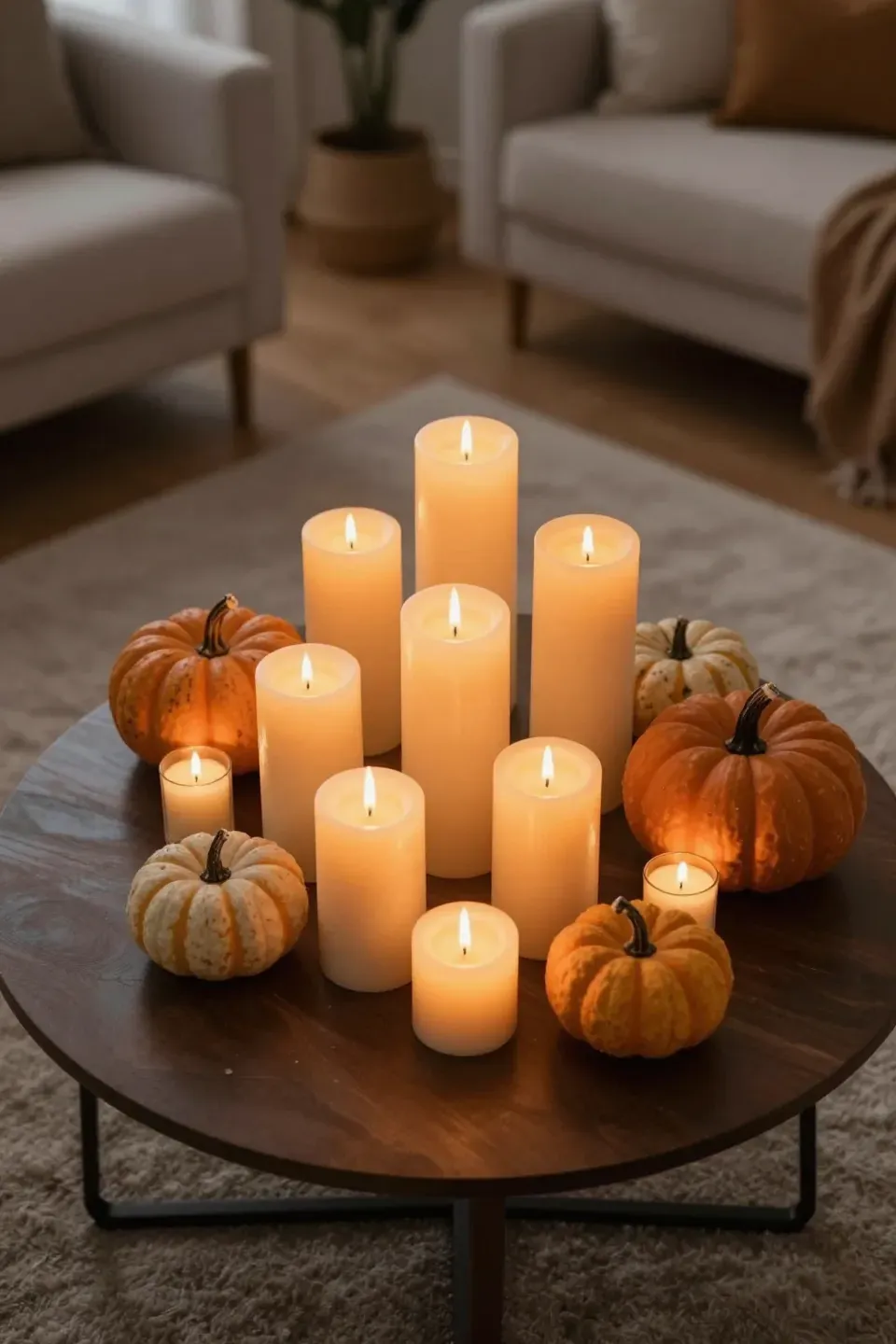 A coffee table with seasonal candles and decor in a cozy living room.