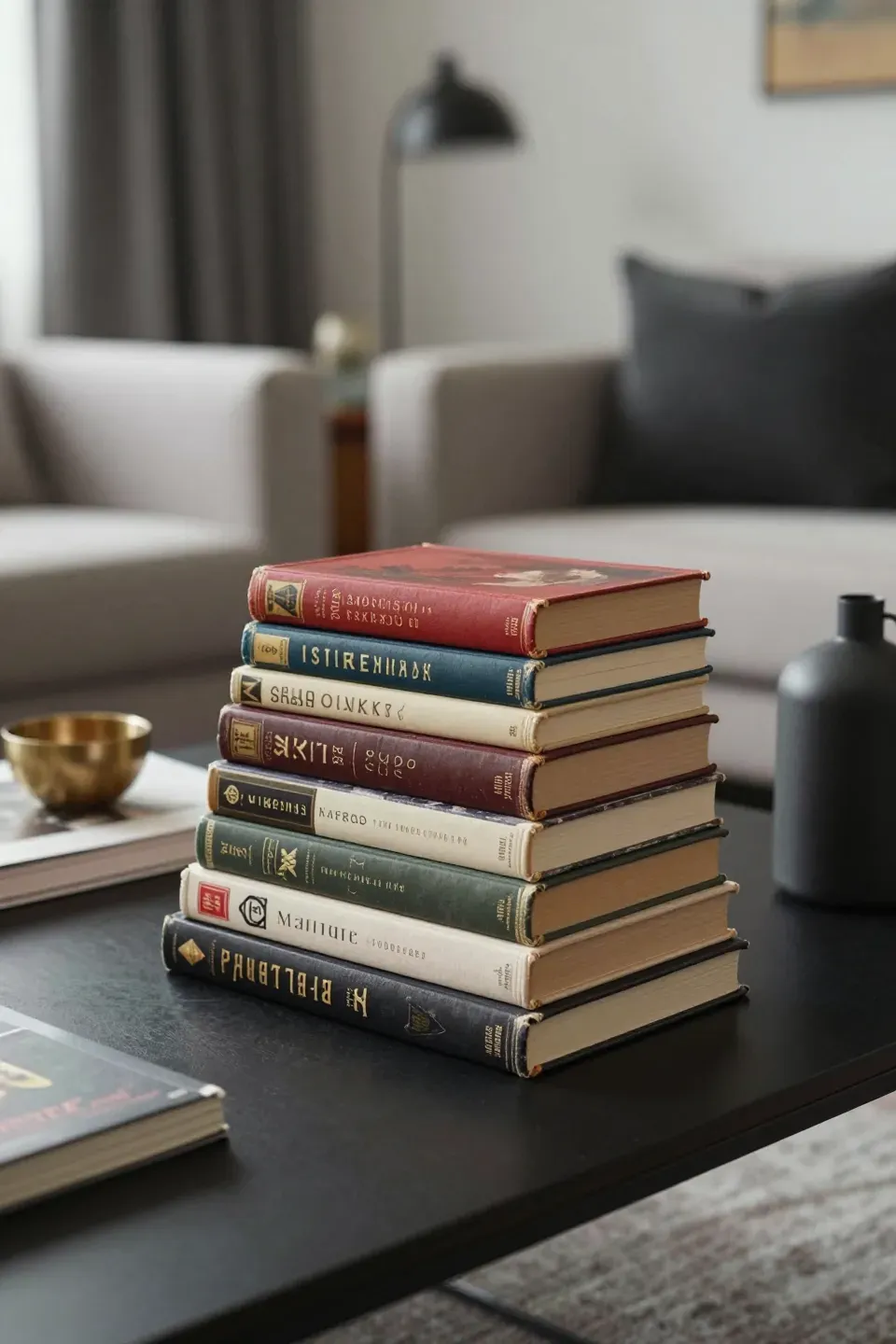 A stack of vintage books with modern decor in an eclectic living room.