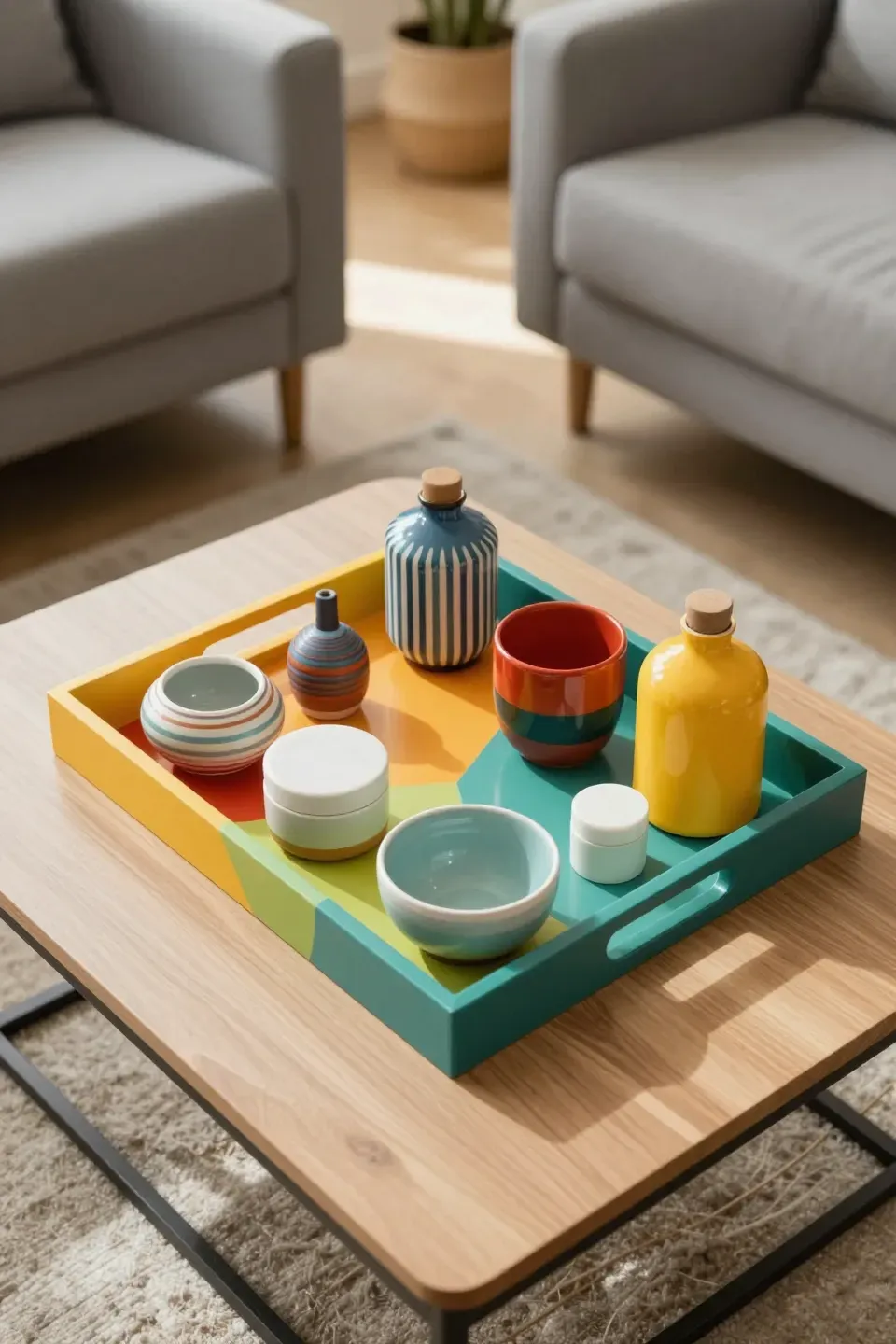 A colorful tray with decorative items on a coffee table in a vibrant living room.