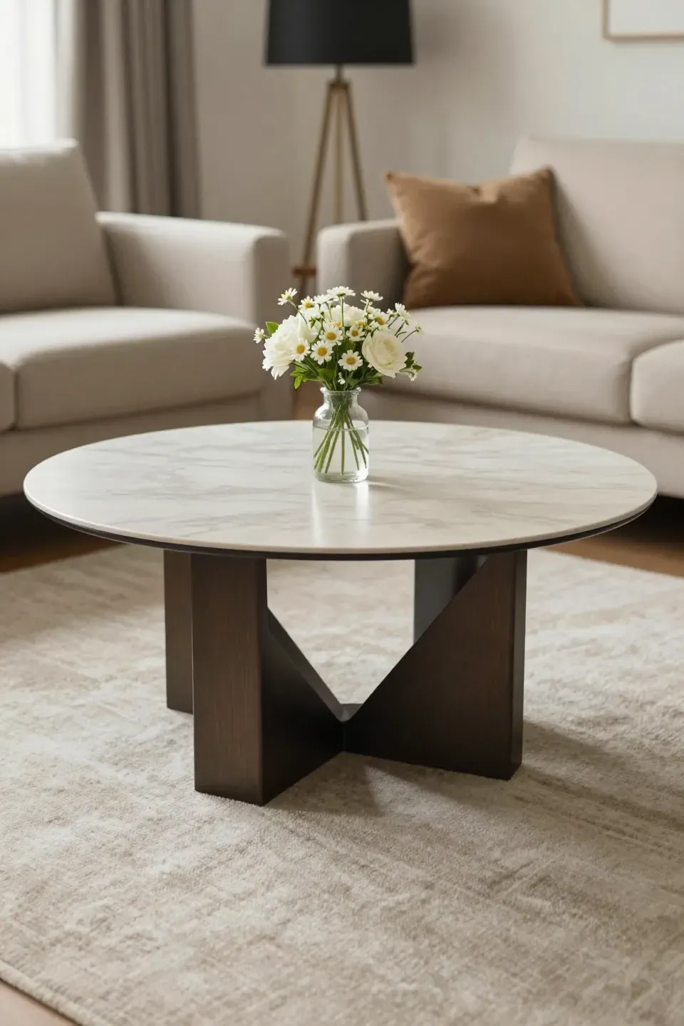 A round coffee table with a geometric base in a contemporary living room.
