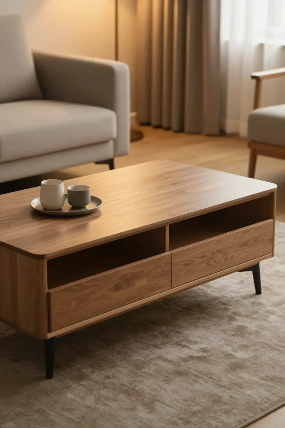 A coffee table with built-in storage in a tidy modern living room.