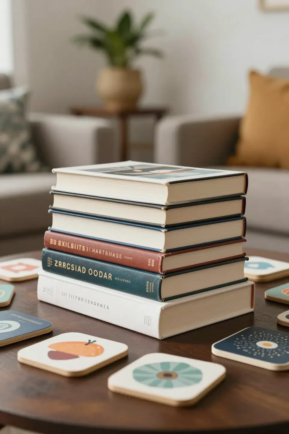 Layered books and artistic coasters on a coffee table in a cozy living room.