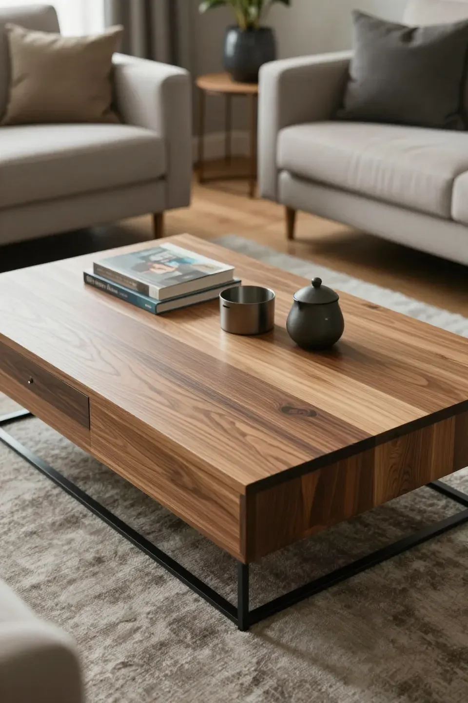 A mixed materials coffee table in a stylish living room.