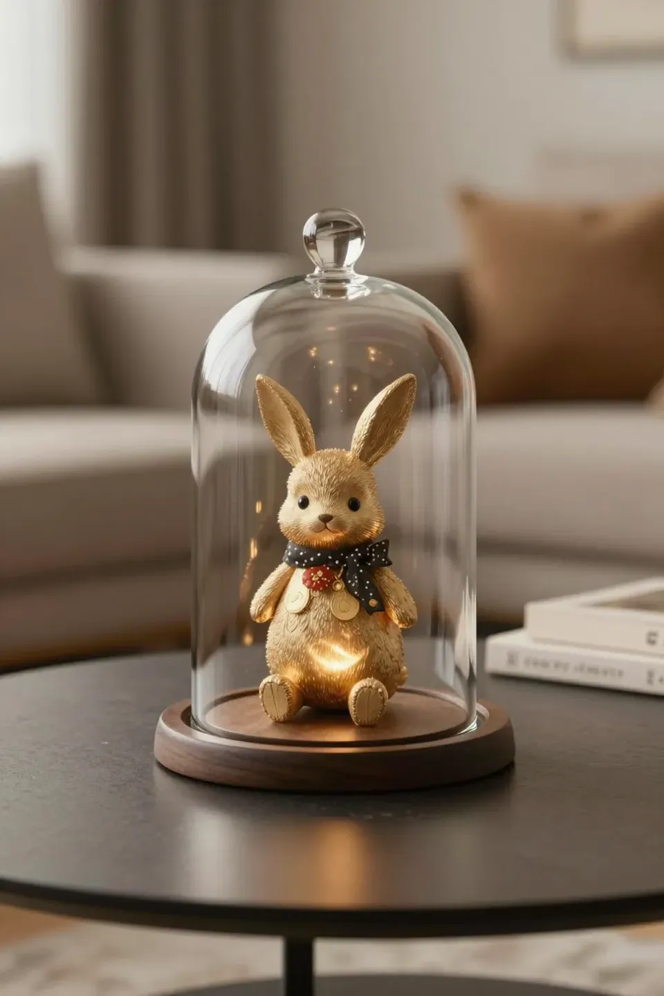 A decorative cloche showcasing an item on a coffee table.