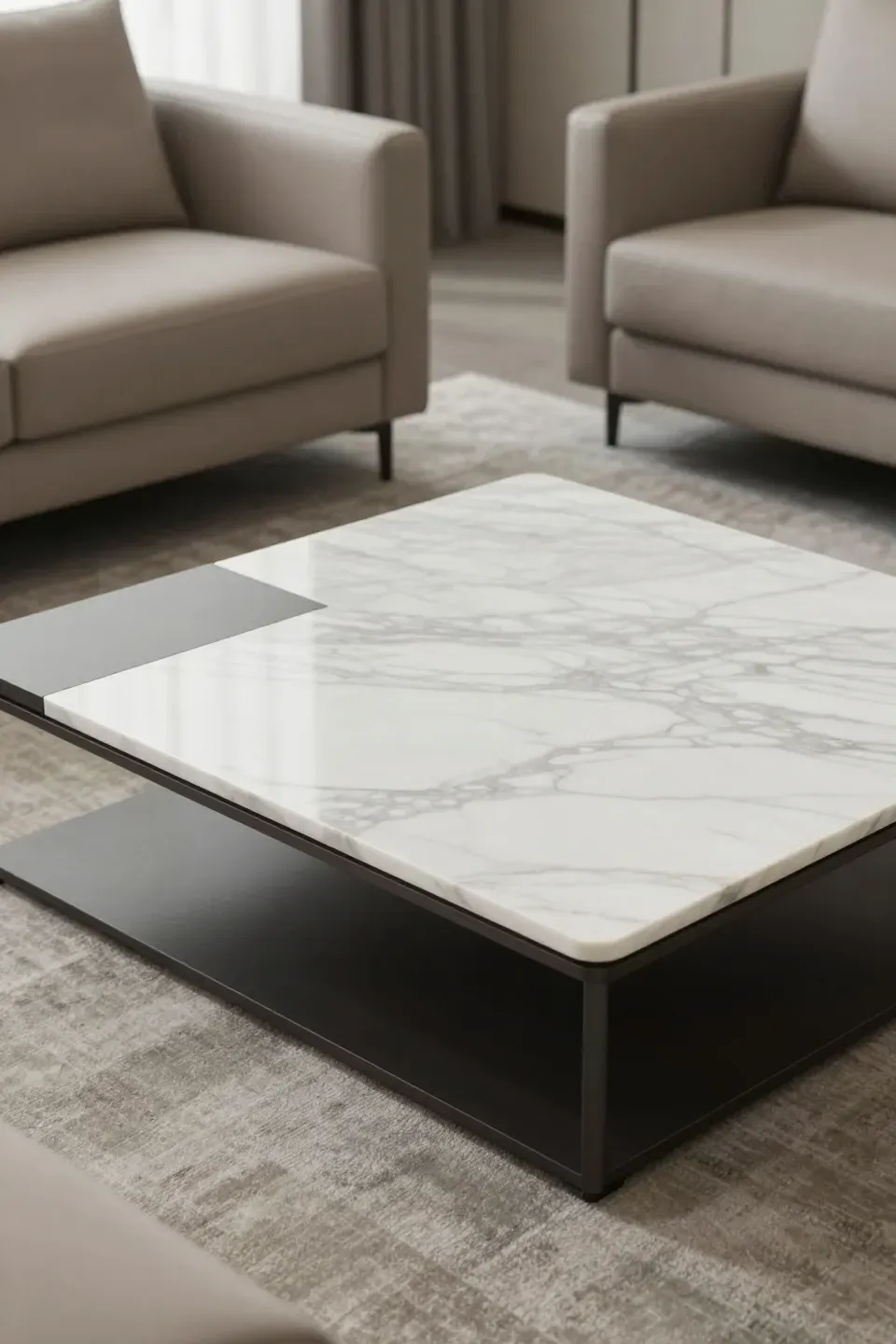 A modern marble-topped coffee table in a sophisticated living room.