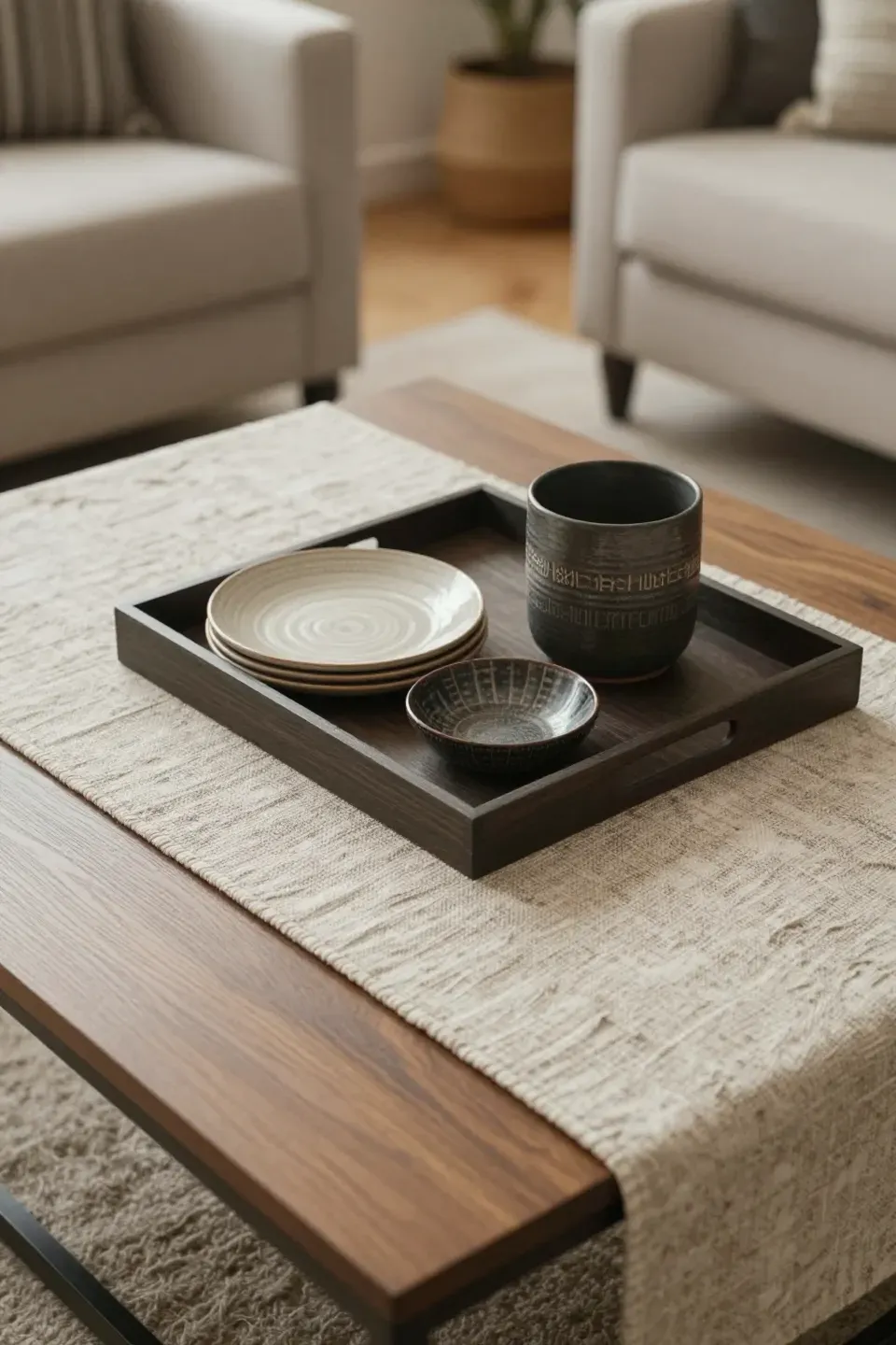 A textured table runner with decorative trays on a coffee table.