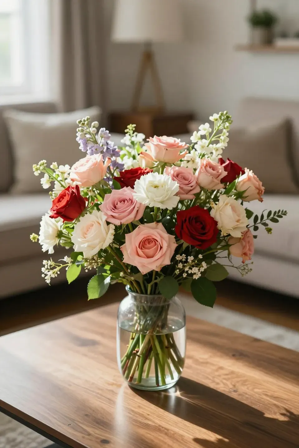 A fresh floral bouquet in a vase on a coffee table in a welcoming living room.